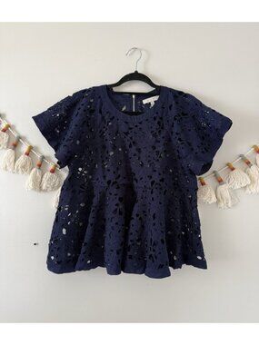 Anthropologie Eri + Ali Crochet Knit Unlined Navy Babydoll Top Cottage Romantic